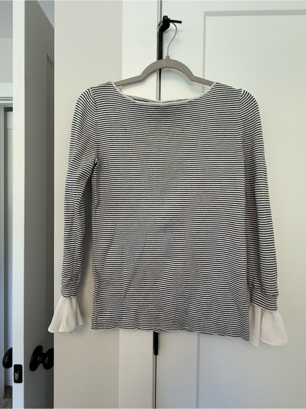 LOFT Black & White Striped Long-Sleeve Top with Ruffle Cuffs